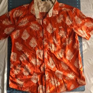Men's Orange Leaf Print Shirt Mayamera Cotton Tropical Hawaiian Vacation Vibes